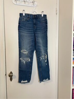 Women's Straight Leg Distressed Jeans in Dark Blue